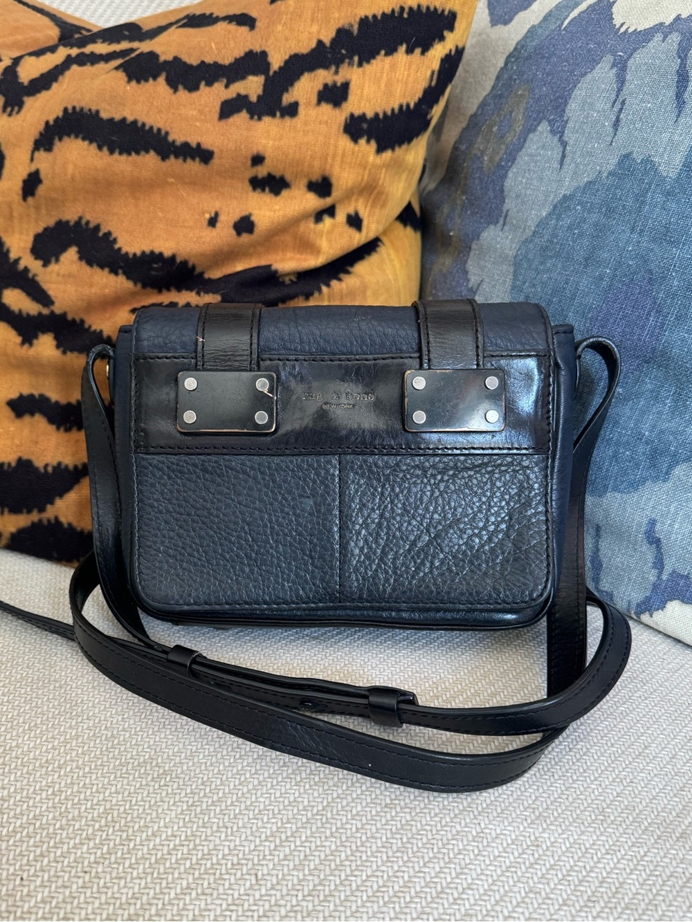 Rag and Bone mini pilot bag blue pebbled leather
